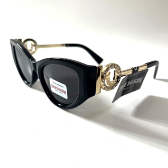 New Original TRUE RELIGION Cat Eye Sunglasses Black Acetate Gold Logo Rhinestone - Picture 1 of 6